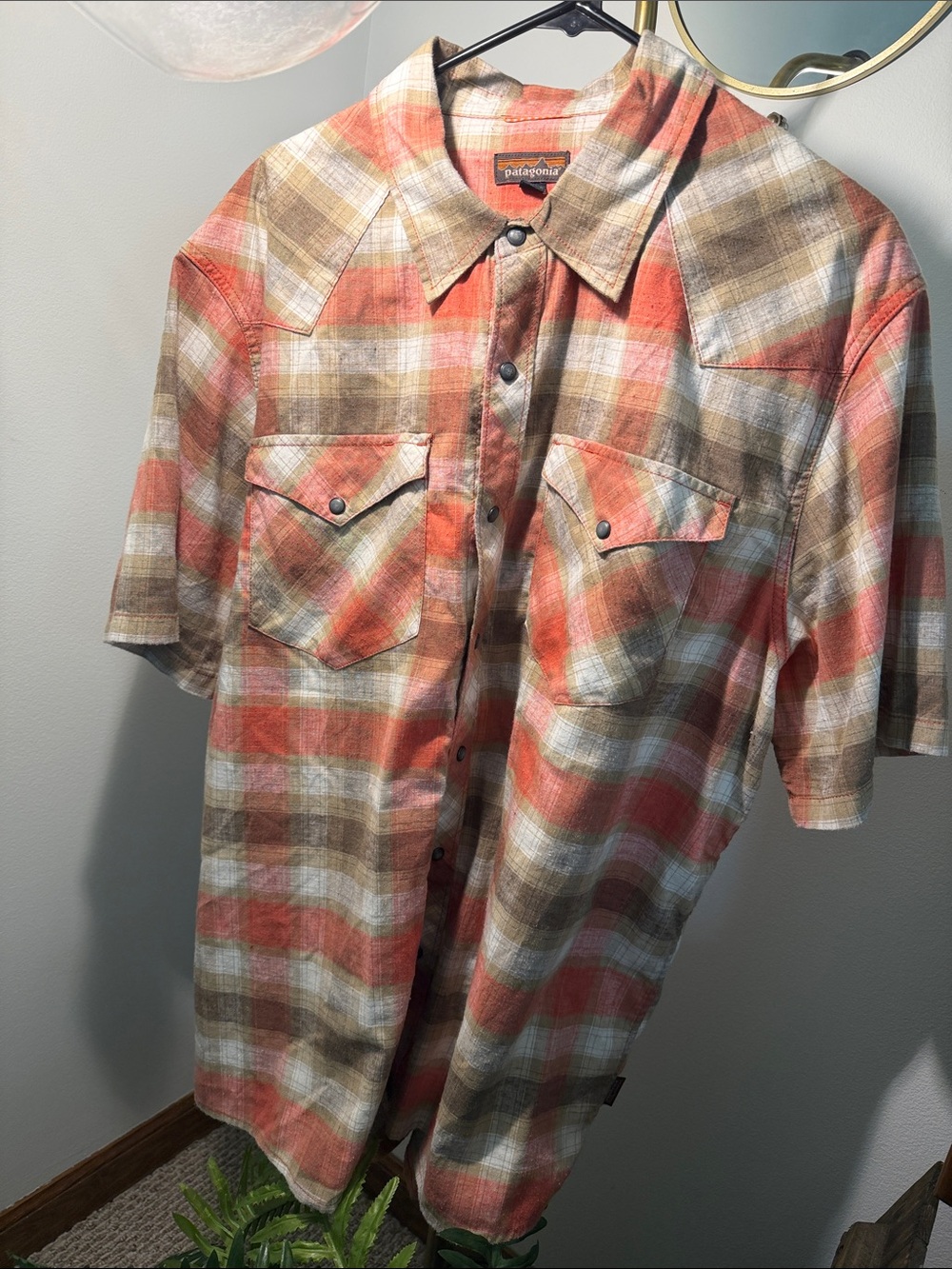 Patagonia Orange Tan Cream Plaid Short-Sleeve Button Shirt